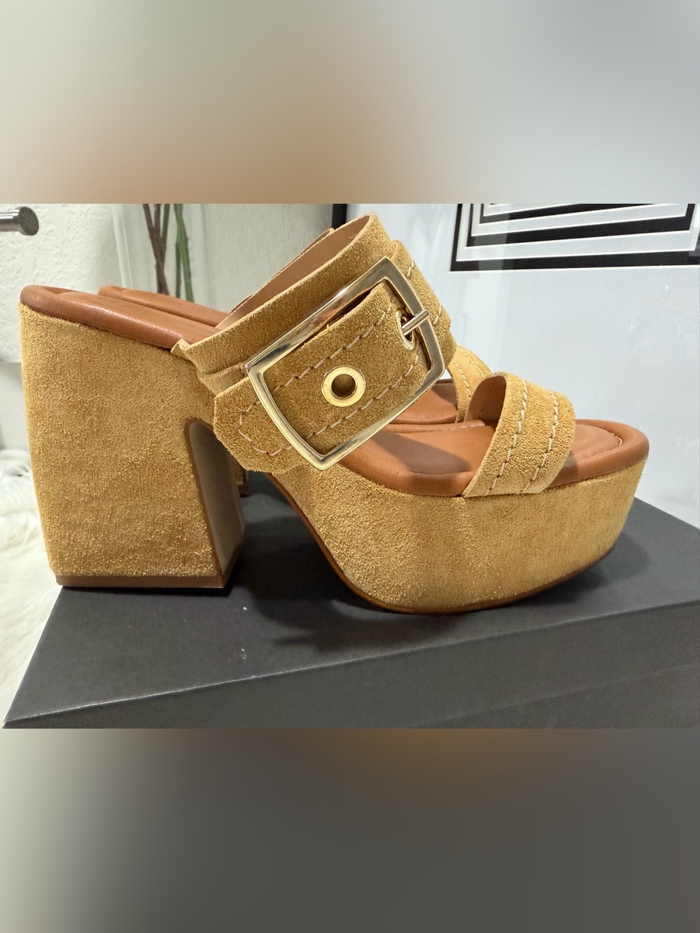 Lottini Italy Biscotto Beige Leather Suede Platform Slide Sandals Gold Buckle 10
